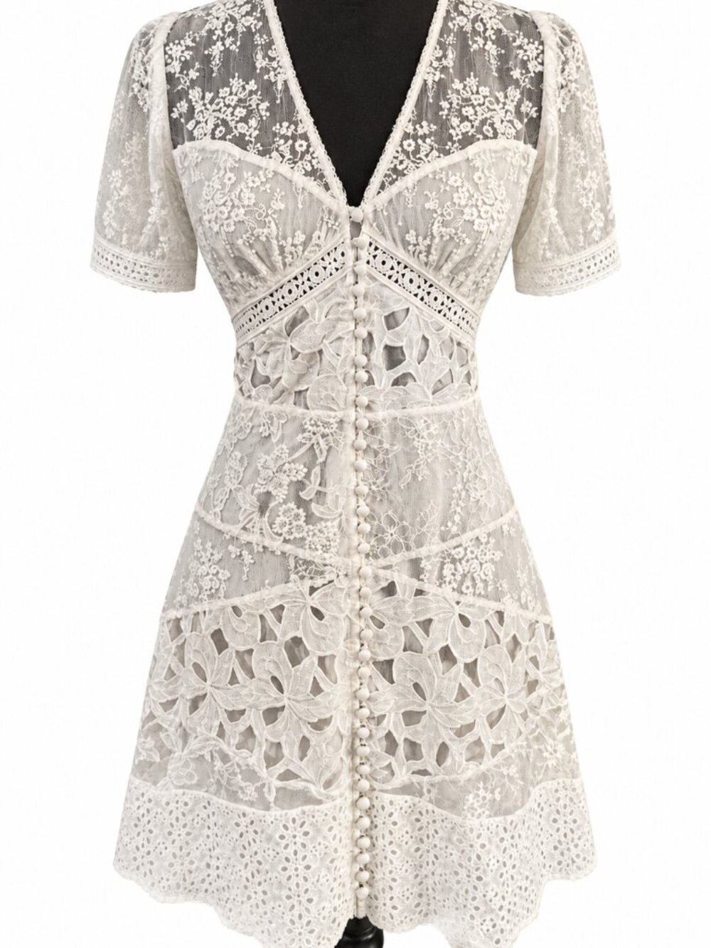 The Kooples White Mixed Lace Embroidered Button Mini Dress